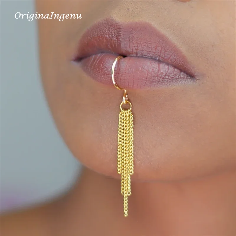 Body Jewelry Lip Ring - Polsino per labbra con catena in