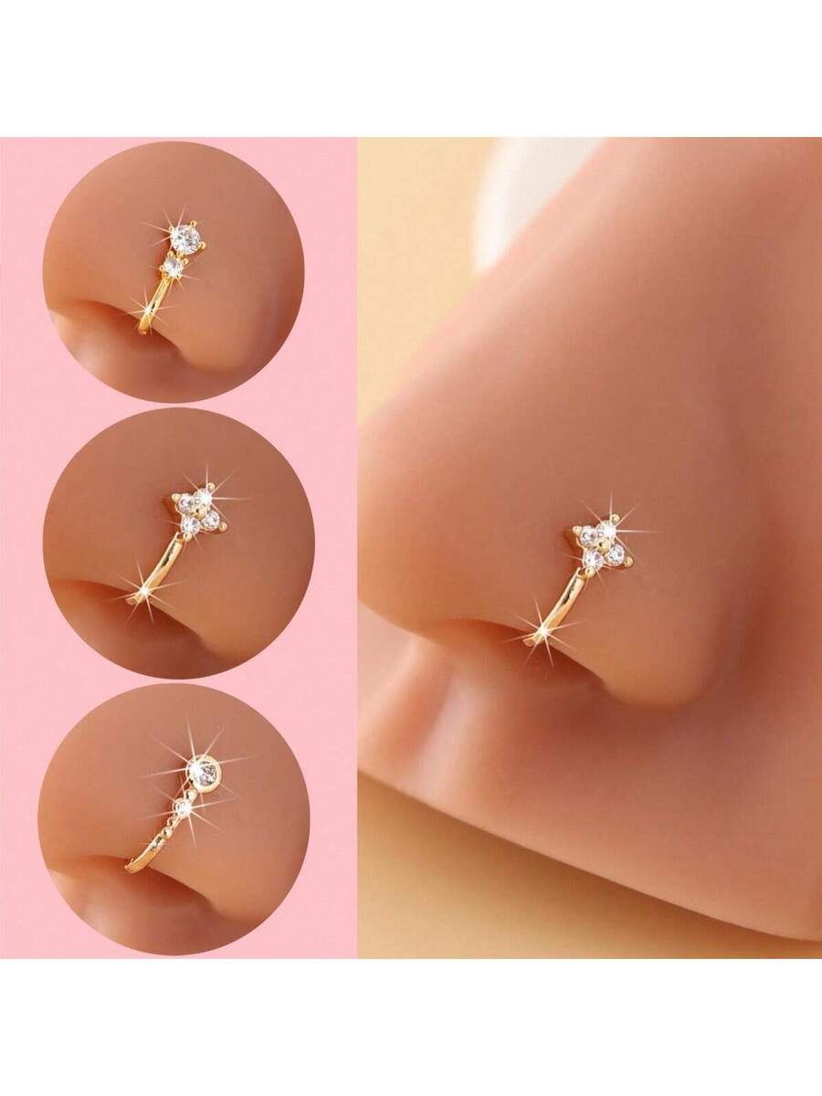 Body Jewelry Nose Studs - 3 anelli da naso dorati, da